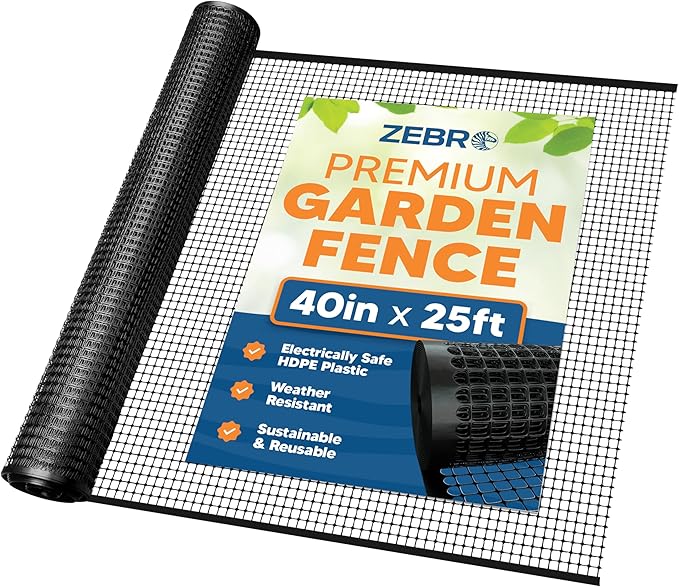 3/4" Square Mesh Plastic Fence Roll (40" x 25' - Black) - Unobtrusive 40 Inch High Temporary Garden Fencing Netting to Protect Plants, Patio, Porch, Yards and Outdoor Spaces from Deer & Animals