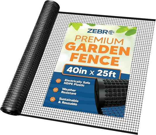 3/4" Square Mesh Plastic Fence Roll (40" x 25' - Black) - Unobtrusive 40 Inch High Temporary Garden Fencing Netting to Protect Plants, Patio, Porch, Yards and Outdoor Spaces from Deer & Animals