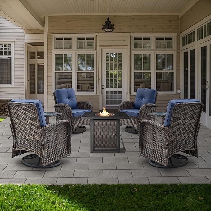 Belord 7-Piece Modern Patio Conversation Set - 4 Swivel Glider Chairs, 2 Side Tables & 30" 50,000 BTU Propane Fire Pit Table
