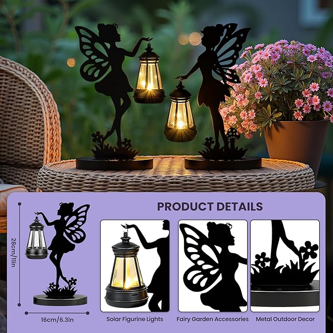 Solar Garden Statues Outdoor Decor, 2 Pack Fairy Garden Accessories, Housewarming Ornament Gift for Women Mom Grandma, Metal Decorative Figurine Light for Patio, Lawn, Yard, Pathway