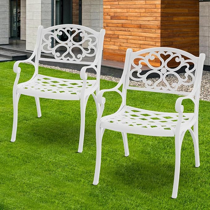 Cast Aluminum Patio Chairs Set of 2 Outdoor Dining Chairs,All Weather Metal Patio Bistro Chair with Adjustable Feet,Patio Dining Chair for Garden,White