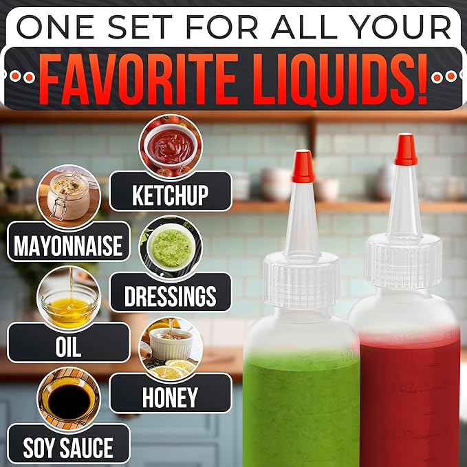 BURIUS 6-Pack 4oz Small Squeeze Bottles for Liquids – Clear Condiment Squeeze Bottles for Sauces, Ketchup, Mustard, Oil, Syrups, and Dressings with Measuring Scale – Easy-to-Use & Leak-Proof