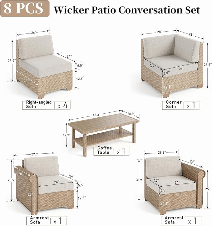 Patio Furniture Set 8 Piece, Wicker Rattan Sectional Sofa Couch with 5.5" Thick Waterproof Cushion and Coffee Table, L Shape All weather Outdoor Conversation Set for Lawn Backyard Deck, Beige