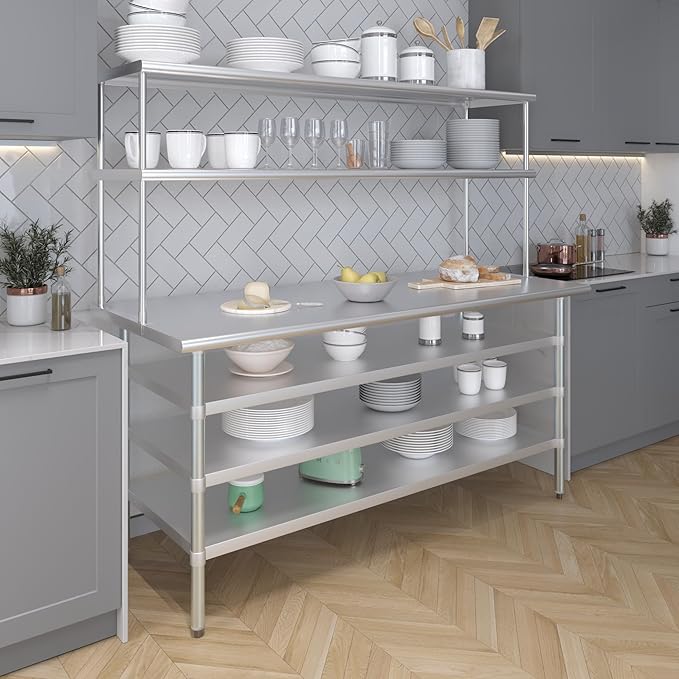 Amgood 30" x 72" Stainless Steel Work Table with 3 Shelves and 18" Wide Double Tier Overshelf | Metal Kitchen Prep Table & Shelving Combo | NSF