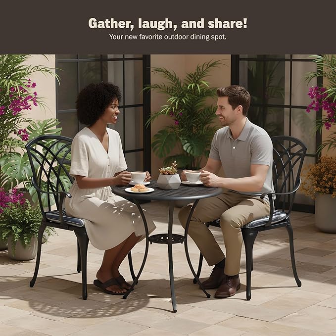 3 Piece Patio Bistro Set, Cast Aluminum Dining Table Set, All Weather Outdoor Round Metal Table with Umbrella Hole and Chairs Set of 2 with Cushion for Outside Garden, Black