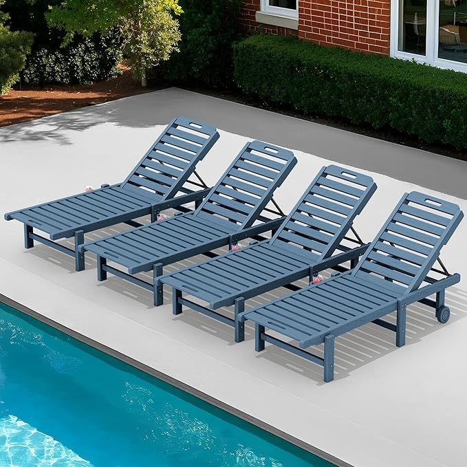 SERWALL Patio Chaise Lounge Set of 4, HDPE Outdoor Lounge Chair with Cup Holder, 5 Positions Adjustable Poly Lounge Chair with Rolling Wheels for Poolside, Deck, Sunbathing, Blue