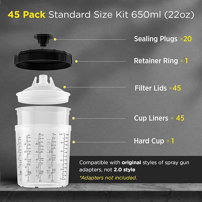 InoKraft Disposable Paint Spray Gun Cup, Paint System for HVLP and LVLP Paint Spray Paint Gun, Standard 22 Ounce (650ml) Kit with 45 Cups and Lids System, 1 Hard Cup with Retainer Ring and 20 Plugs