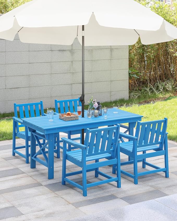 HDPE Outdoor Dining Set of 6, Patio Dining Table Set with 4 Chairs and 1 Bench, 6 Pieces HDPE Dining Set with Umbrella Hole, Outdoor Furniture Sets for Deck, Poolside, Garden, Sky Blue