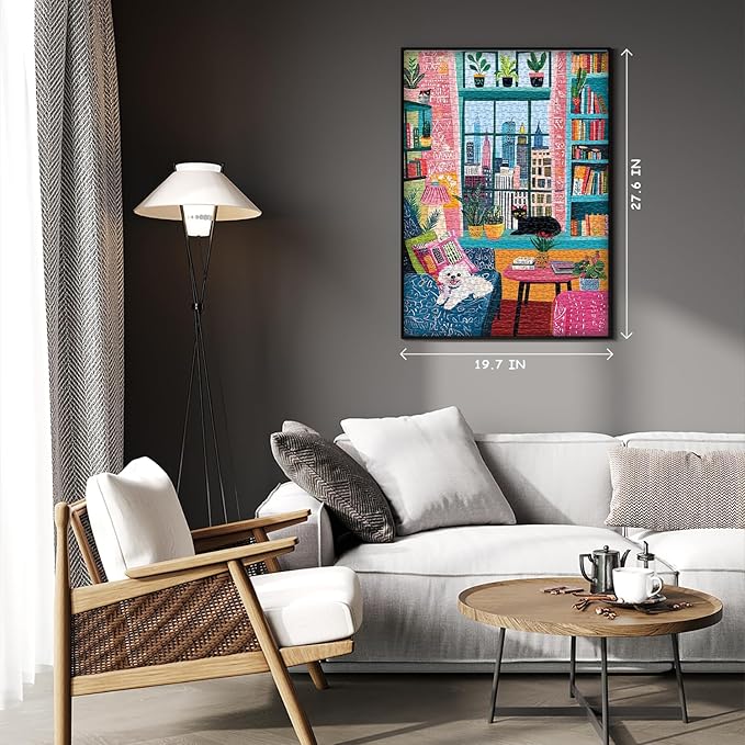 PICKFORU Cozy Puzzles 1000 Pieces, Cat Dog Jigsaw Puzzle Features Book Plant Bookshelf Animals, Puppy Kitten Challenge for Adults,Colorful Modern Art