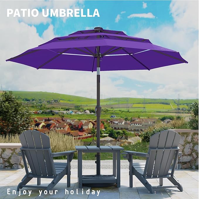 9FT 3 Tiers Patio Umbrella With Auto Tilt and Crank, Outdoor Table Market Umbrella with 8 Sturdy Ribs for Garden,Lawn,Deck,Backyard and Pool,Dark Purple