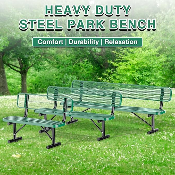 8Ft Outdoor Bench with Back Portable Frame, Outdoor Steel Park Bench with Backrest, Expanded Metal Mesh Bench for Outside, Lawn, Backyard, Park, Deck, Garden, Patio, Porch, Green
