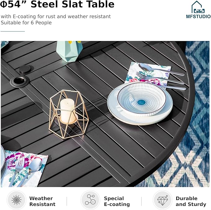 MFSTUDIO Patio Dining Sets for 6, Round Patio Table and Chairs Set, 7 Piece Outdoor Dining Set with Umbrella Hole, Outdoor Patio Furniture Set for Deck Backyard Garden
