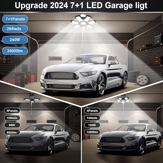 1 Pack LED Garage Light, 240W 24000LM 6500K LED Shop Lights, Garage Lights Ceiling Led with 7+1 Deformable Panels, E26/E27 Bulb Socket Lighting for Shop, High Bay, Attic, Basement, Warehouse