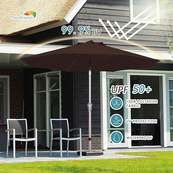 PatioKingdom 9FT Patio Outdoor Umbrella-UPF 50+ Sun Shade with Wind Vent, Push-Button Tilt & Smooth Crank Lift, Rust-Resistant Fiberglass Frame for Garden, Backyard,Yard (Brown, 9FT)