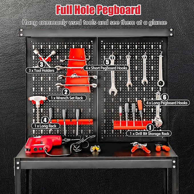 Goplus Workbench with Pegboard, 4-Tier 32” x 16” Work Table with 14 Pcs Hanging Accessories, Heavy Duty Metal Tool Stoage Bench, Work Bench for Garage, Workshop, Repair Shop