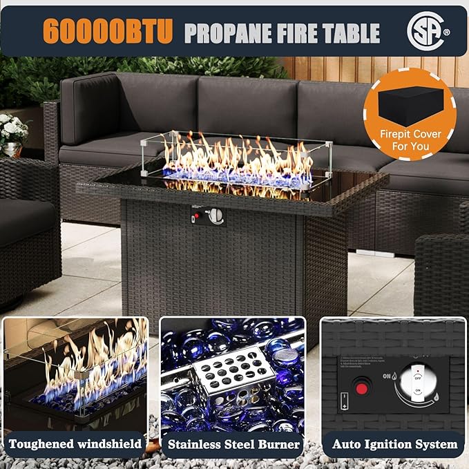 Patio Furniture Set with Fire Pit Table, 12 Pieces Outdoor All-Weather Wicker Conversation Sectional Chair Sofa Set with 4 Swivel Chairs