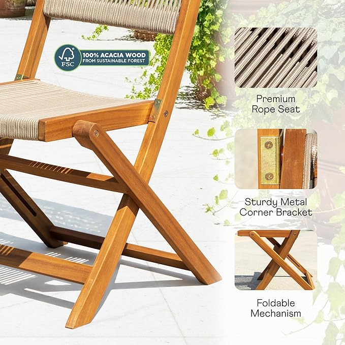 IDZO Wood Rope Design Bistro Chairs, Folding Patio Set of 2 Chairs – Heavy-Duty 400lbs Capacity Outdoor Seating for Balcony, Garden, or Porch