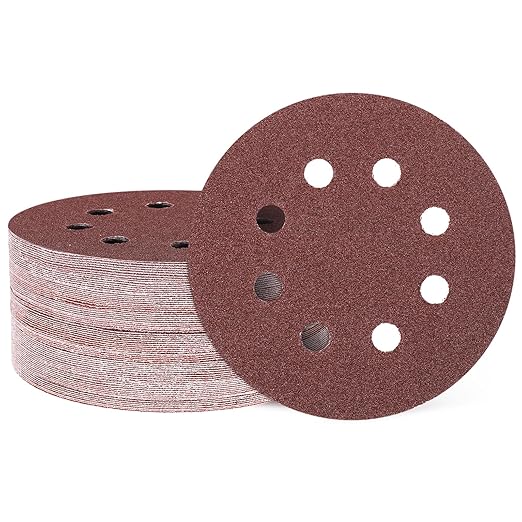 HARFINGTON 50 Pcs 5 Inch Sanding Discs, 40 Grit Hook and Loop Sandpaper, 8-Hole Aluminum Oxide Round Orbital Sander Sandpaper for Woodworking Automotive Metal Polishing, Red