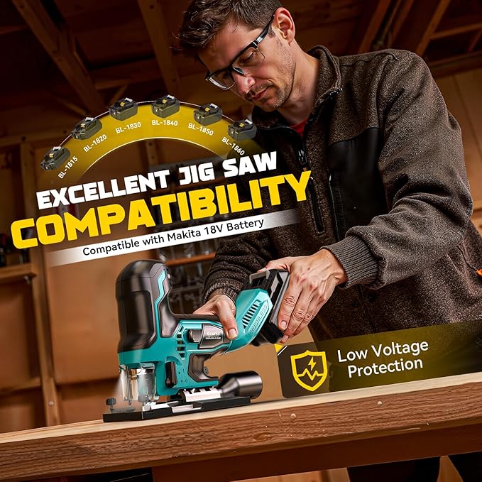 Ecarke Cordless&Brushless Jig Saw Compatible With Makita 18V Battery, 3800RPM, 7 Speeds Dial Control, Free-Tool ±45° Bevel Cuts, 4 Orbital Action, Dust Blows and 6 Blades For Cutting (Exclude Battery)