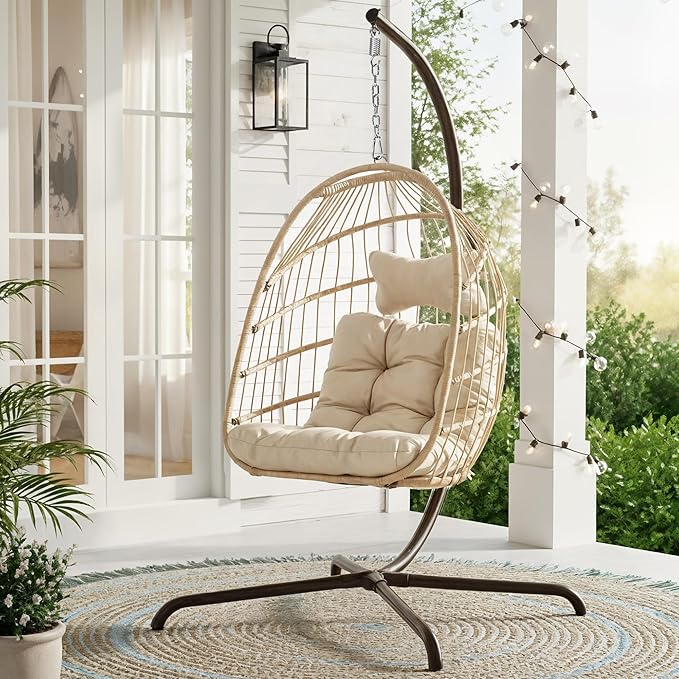 RADIATA Royal Craft Hanging Egg Chair with Stand, All-Weather Wicker Swing Chair with Dome Design and Cushion, 350Lbs Indoor Outdoor Hammock Basket Seat for Bedroom Balcony Patio Porch, Beige