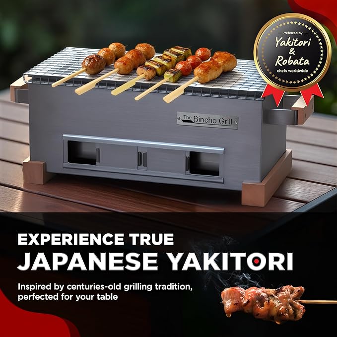 The Bincho Grill – 16" Mini Yakitori Grill – Stainless Steel Mini Tabletop Charcoal BBQ with Charcoal Box, Optimized Airflow & Cool-Touch Base - Perfect for Japanese Grilling, Skewers, Meat, Seafood