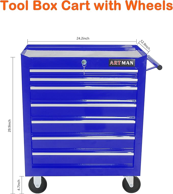 7-Drawer Tool Cart on Wheels, Multifunctional Rolling Tool Chest, Storage Organizer for Garage, Workshop, Repair Shop (7 Drawers-29.9"H-Blue)