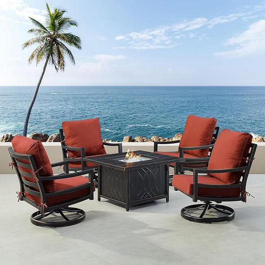 Oakland Living Black Aluminum Patio Fire Table Set with Four Club Chairs with Red Cushions