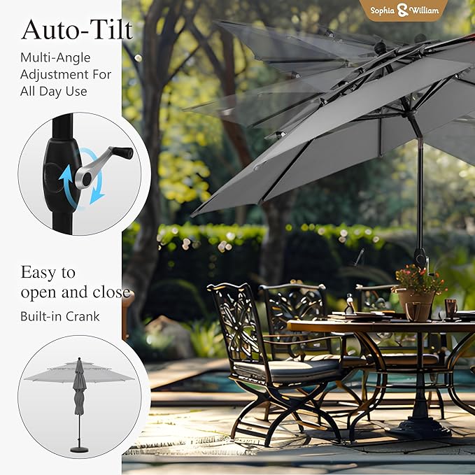 Sophia & William 10ft 3 Tier Auto-tilt Patio Umbrella, Outdoor Double Vented Umbrella with Crank, Grey
