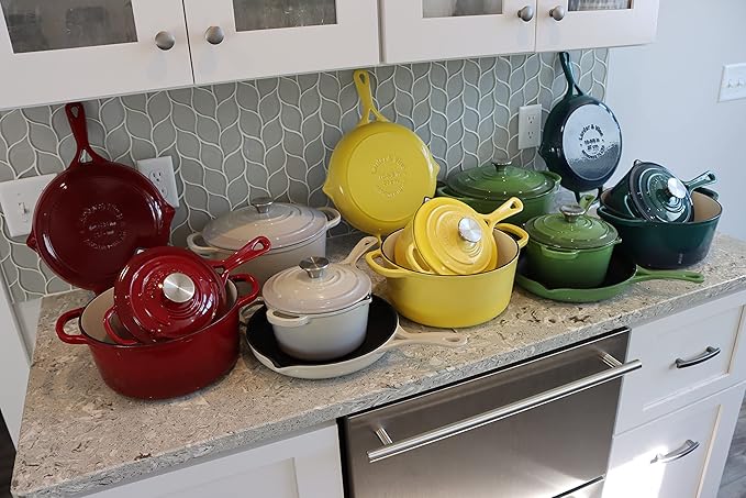 Larder & Vine 5-Piece Enameled Cast Iron Cookware Set - Includes 5.7 Quart Dutch Oven with Lid, 10.25 Inch Skillet, 2.2 Quart Saucepan with Lid (Bondi)