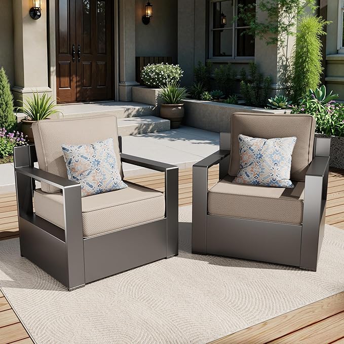 Aluminum Patio Chairs Set of 2, All Weather Use Outdoor Dining Chairs with Rectangular Framed Metal Armrest & 6" Fade-Resistant Cushions & Chair Covers for Deck Balcony Backyard (Beige)