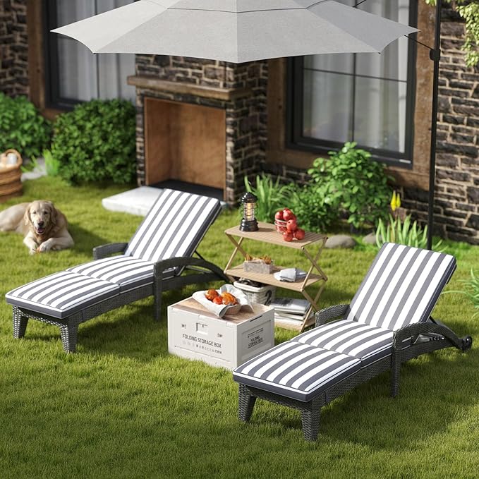 Patio Chaise Lounger Set of 6, Outdoor Lounger Patio Chairs, Heavy Duty Lounge Chairs Outdoor, Chaise Lounges for Resort, Backyard, Deck, Poolside, Garden, Grey Stripe
