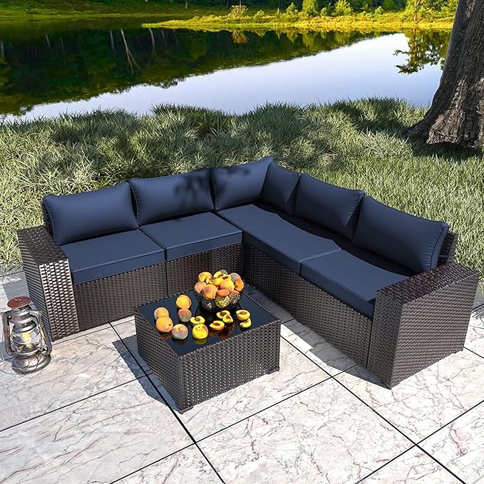 Outdoor Patio Furniture Set, 6 Pieces Outdoor Furniture All Weather Patio Sectional Sofa PE Wicker Modular Conversation Sets with Coffee Table,5 Chairs & Seat Clips Dark Blue