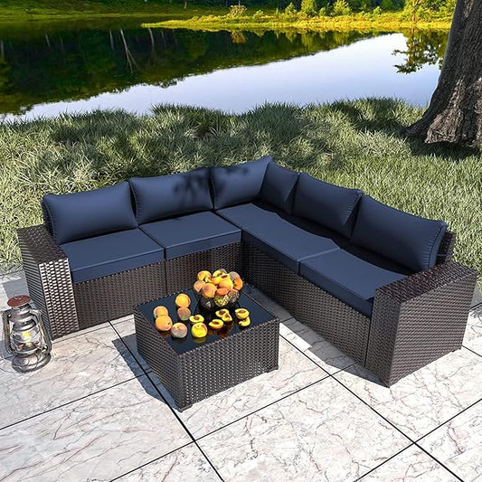 Outdoor Patio Furniture Set, 6 Pieces Outdoor Furniture All Weather Patio Sectional Sofa PE Wicker Modular Conversation Sets with Coffee Table,5 Chairs & Seat Clips Dark Blue