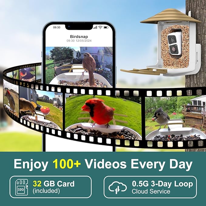 birdsnap® TUC Smart Bird Feeder with Camera 2K HD, Solar Panel 32GB Card 4-in-1 Perch, 160°View Auto Detect & Notify AI Identify Video Bird Camera Wireless Outdoors Ideal Gift for Birds Lover