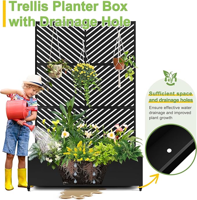 FENCY Metal Raised Garden Bed with Wheels and Trellis,73"x47"x16" Planter Box for Climbing Plants, Vegetables & Vines, Features Privacy Screen and Drainage Holes (Black-Arrow)