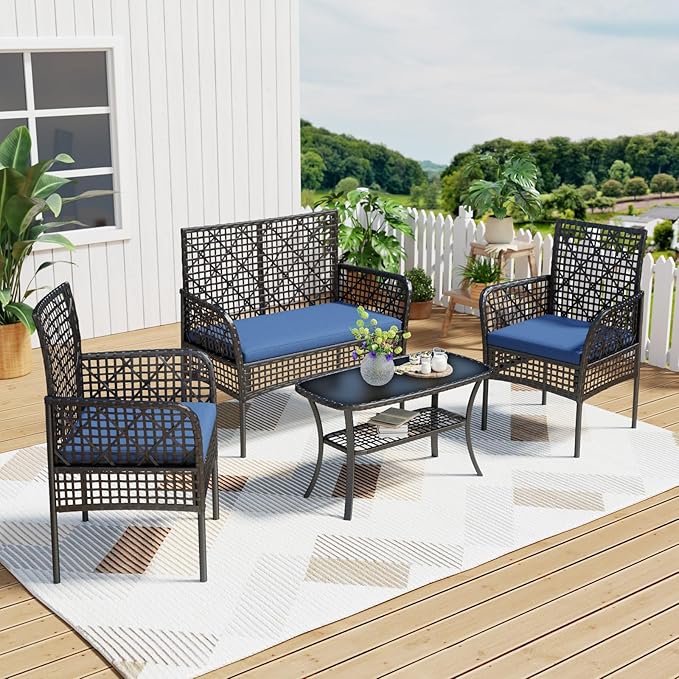 4-Piece Patio Furniture Set, Weather-Resistant Rattan Patio Conversation Set with Two-Tier Coffee Table, Upholstered Openwork Wicker Furniture for Porch, Garden, Lawn, Blue