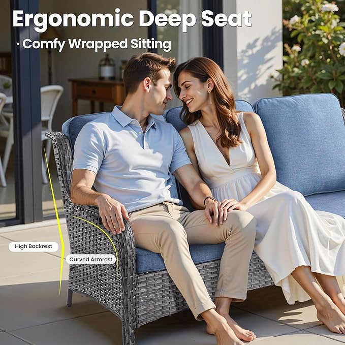 ovios 6-Pieces Patio Furniture Set with 42 Inch Fire Pit Table, Outdoor Wicker Sofa Couch Ottomans Comfy Cushions, High Back Modern Conversation Set, Grey Rattan, Denim Blue