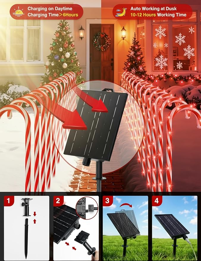 COOLWUFAN 24 Pack 28" Solar Candy Cane Path Lights Christmas Decorations, 4 Brightness Levels 264 Bright LEDs Waterproof Pathway Markers with Stakes for Outdoor Yard Garden Walkway Xmas Holiday Decor
