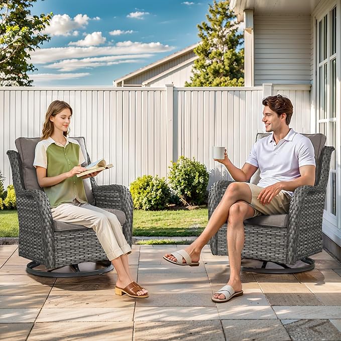 Outdoor Swivel Rocker Patio Chairs Set of 4 with Fire Table - 5" Thick Cushion 6 Piece Furniture Set with Fire Pit Table All Weather Wicker Conversation Set for Porch Deck - Gray/Gray