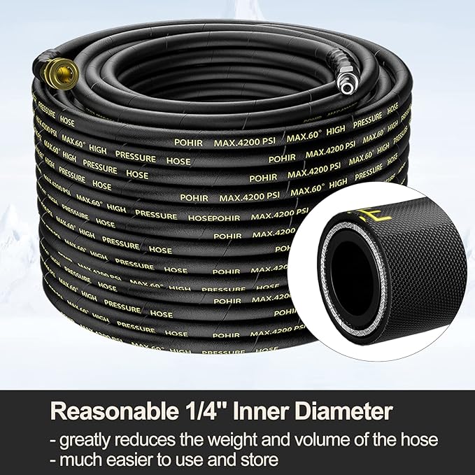 POHIR Power Washer Hose 100FT with 3/8'' Quick Connect, High Tensile Wire Braided Car Wash Water Hose with 2 Quick Connect Kits Compatible M22 14 mm, 1/4 Inch Hose for Pressure Washer, 4200 PSI