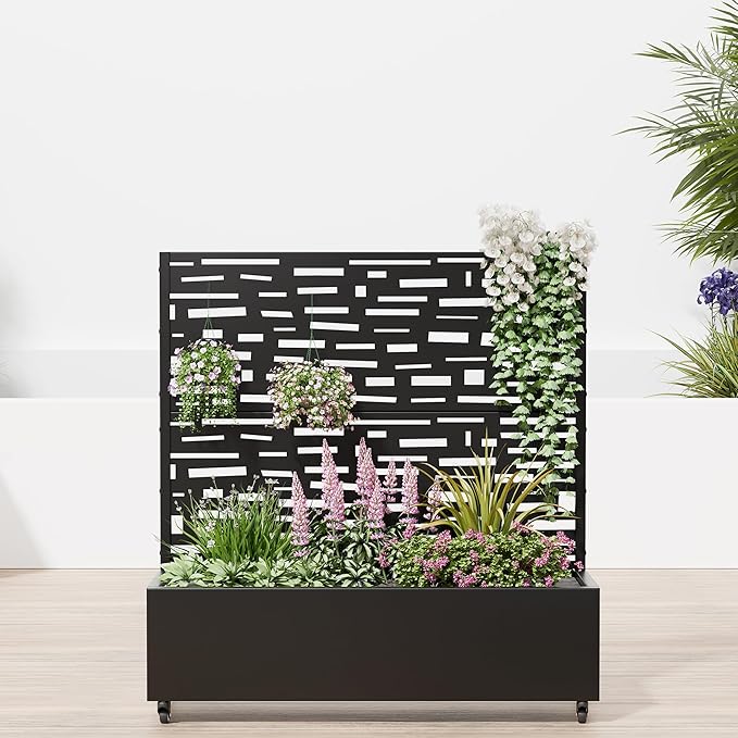 Casaphoria Raised Garden Bed Metal Planter Box with Trellis, 47"x47"x16" for Outdoor Climbing Plants, Flowers Vegetables and Vines Privacy Screen with Wheels and Drainage Holes(Black Street)