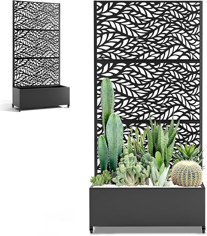 Metal Standing Planter Box with Trellis, Privacy Planter for Patio, Outdoor Raised Garden Beds with Trellis for Climbing Plants, Garden Boxes with Wheels & Drainage Holes (35"L, Black Spring)