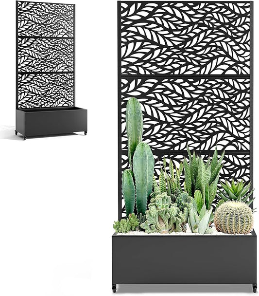 Metal Standing Planter Box with Trellis, Privacy Planter for Patio, Outdoor Raised Garden Beds with Trellis for Climbing Plants, Garden Boxes with Wheels & Drainage Holes (35"L, Black Spring)