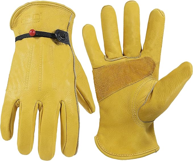 HLDD HANDLANDY Leather Work Gloves for Men & Women, Adjustable Wrist Cowhide Gardening Glove with Reinforced Palm for Driver