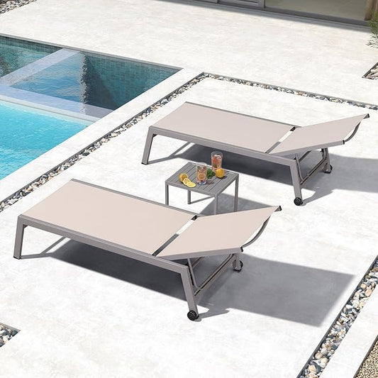 PURPLE LEAF Outdoor Chaise Lounge Set for 2 Oversized Pool Lounge Chairs with Easy-to-Move Wheels and Adjustable Backrest Extra Large Patio Loungers for Poolside Deck Beach Yard Table Included, Khaki