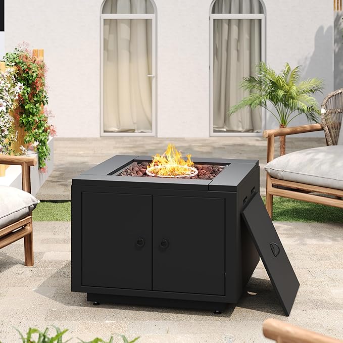 Propane Fire Pit Table, 30" Iron Firepits for Outside, Square Gas Fire Pit for Outside Patio, Propane Fire Table for Deck, Pool, 40,000BTU, Tank Inside, Tank Not Included, Black