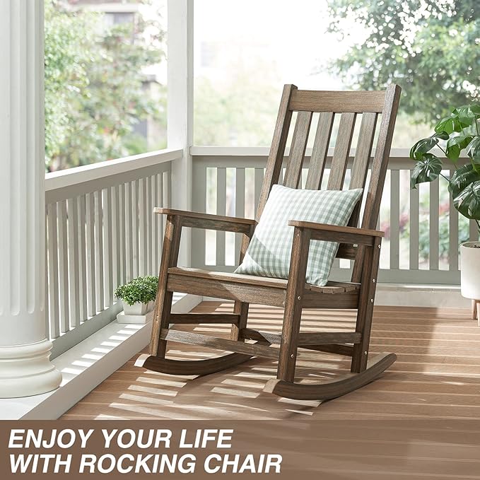 Rocking Chair Outdoor, HDPE Oversized Patio Rocking Chairs, Weather Resistant, 350lbs Heavy Duty Porch Rocker with High Back for Backyard, Fire Pit, Garden and Indoor (Light Brown)