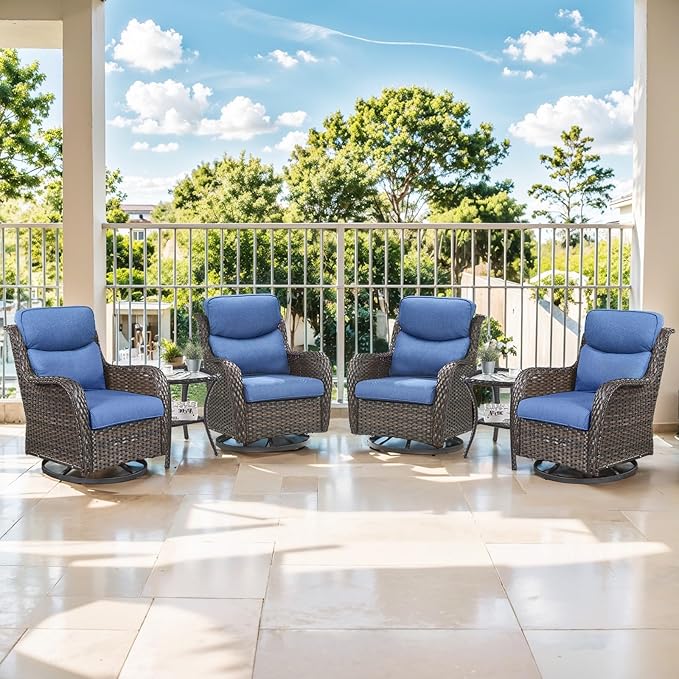 Outdoor Swivel Rocker Patio Chairs Set of 4 with Side Table - 5" Thick Cushion 6 Piece Furniture Set All Weather Comfortable Wicker Conversation Set for Porch Poolside and Deck - Brown/Blue