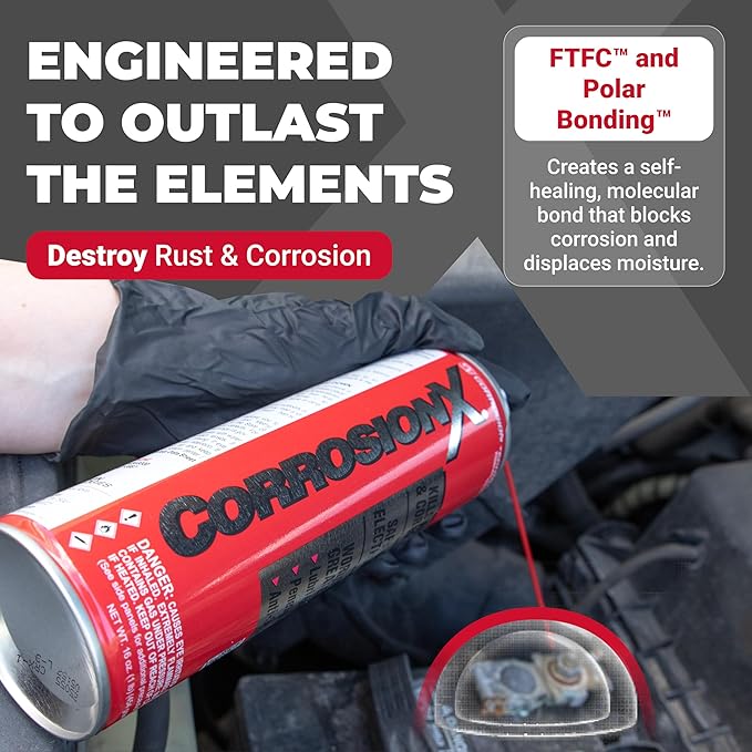 CorrosionX Rust Inhibitor, Industrial-Strength Dielectric Corrosion Prevention, Lubricant & Penetrant for Marine, Automotive, Electronics & RV, Protects Bolts, Cables, Engines, Parts, 4oz Applicator