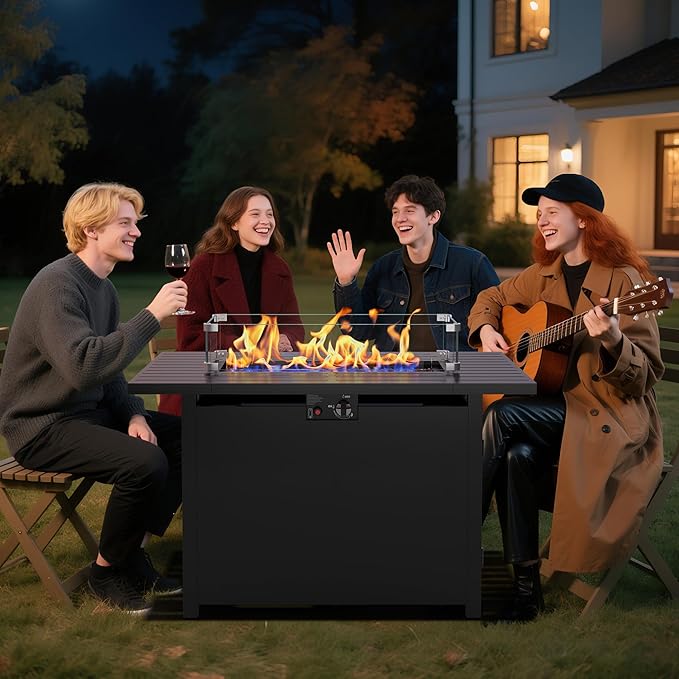 43'' Propane Fire Pit Table, 50000 BTU Gas Fire Pits Table with Removable Lid and Lava Rock, Rectangular Fire Table with Cover, Ideal for Dining or Party on Patio, Garden, Yard, Black